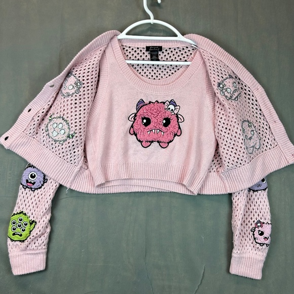 Hot topic Sweet Society Embroidered Fuzzy Monster Girl's Cardigan Set Size Large - Picture 2 of 14